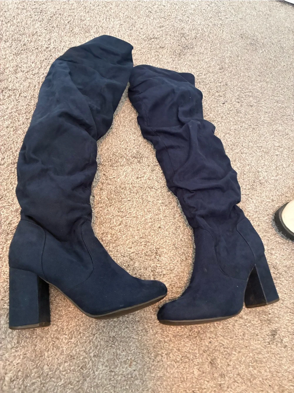 Over-the-Knee Block Heel Boots in Dark Navy